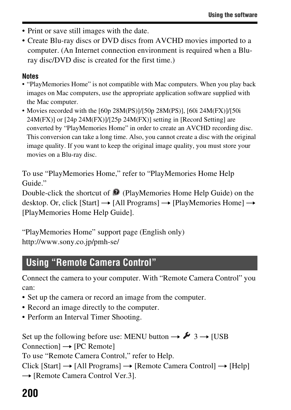 Using “remote camera control | Sony SLT-A99V User Manual | Page 200 / 245