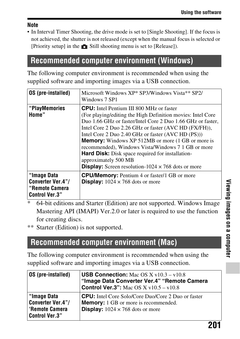 Recommended computer environment (windows), Recommended computer environment (mac) | Sony SLT-A99V User Manual | Page 201 / 245