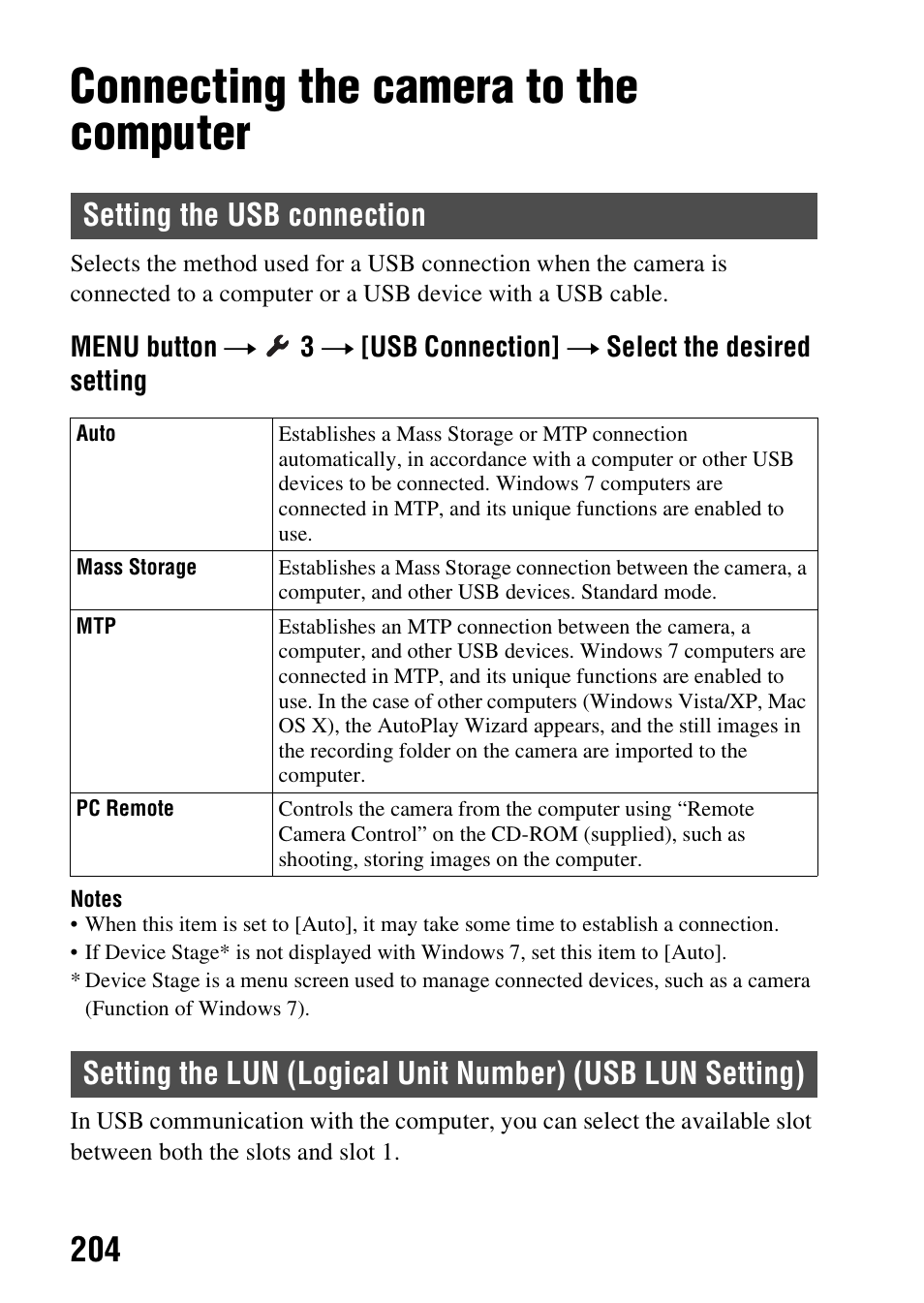 Connecting the camera to the computer, Setting the usb connection, Setting the lun (logical unit number) (usb lun | Setting) | Sony SLT-A99V User Manual | Page 204 / 245