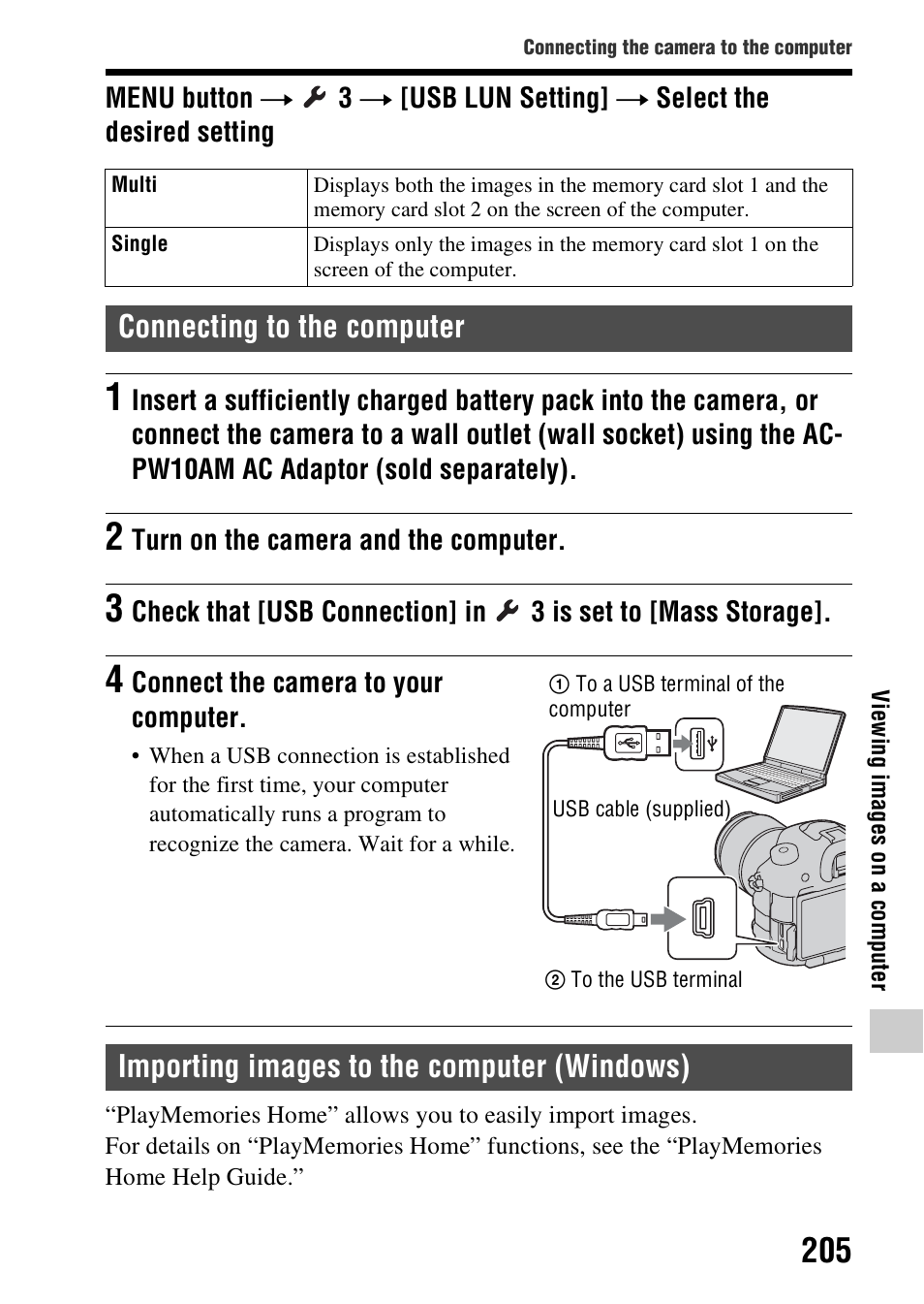 Connecting to the computer, Importing images to the computer (windows) | Sony SLT-A99V User Manual | Page 205 / 245