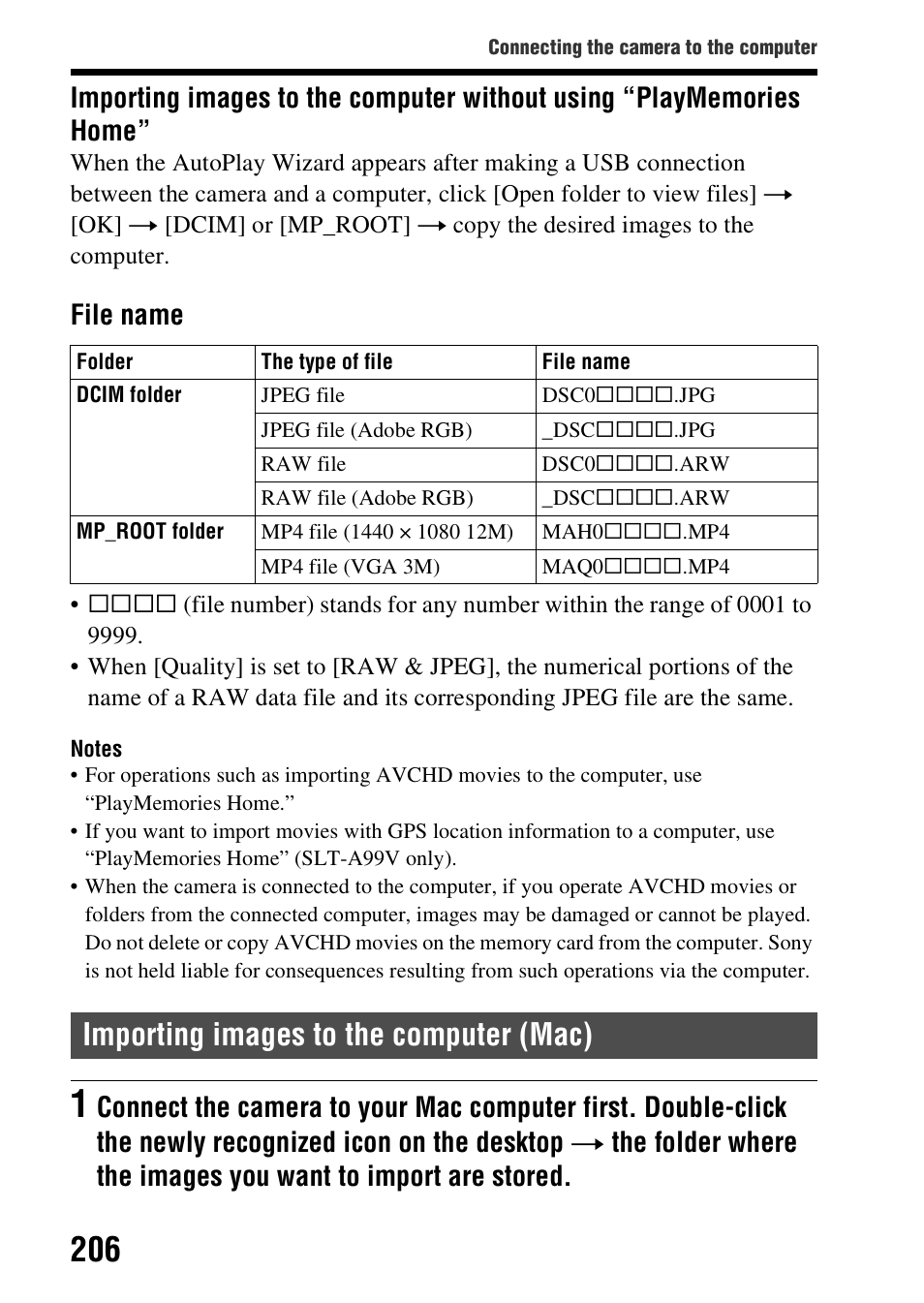 Importing images to the computer (mac), File name | Sony SLT-A99V User Manual | Page 206 / 245