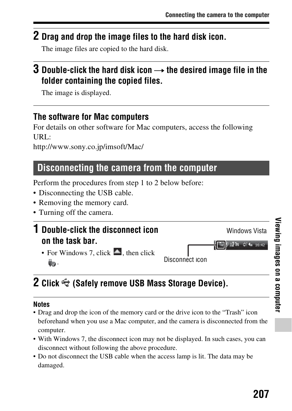 Disconnecting the camera from the computer | Sony SLT-A99V User Manual | Page 207 / 245