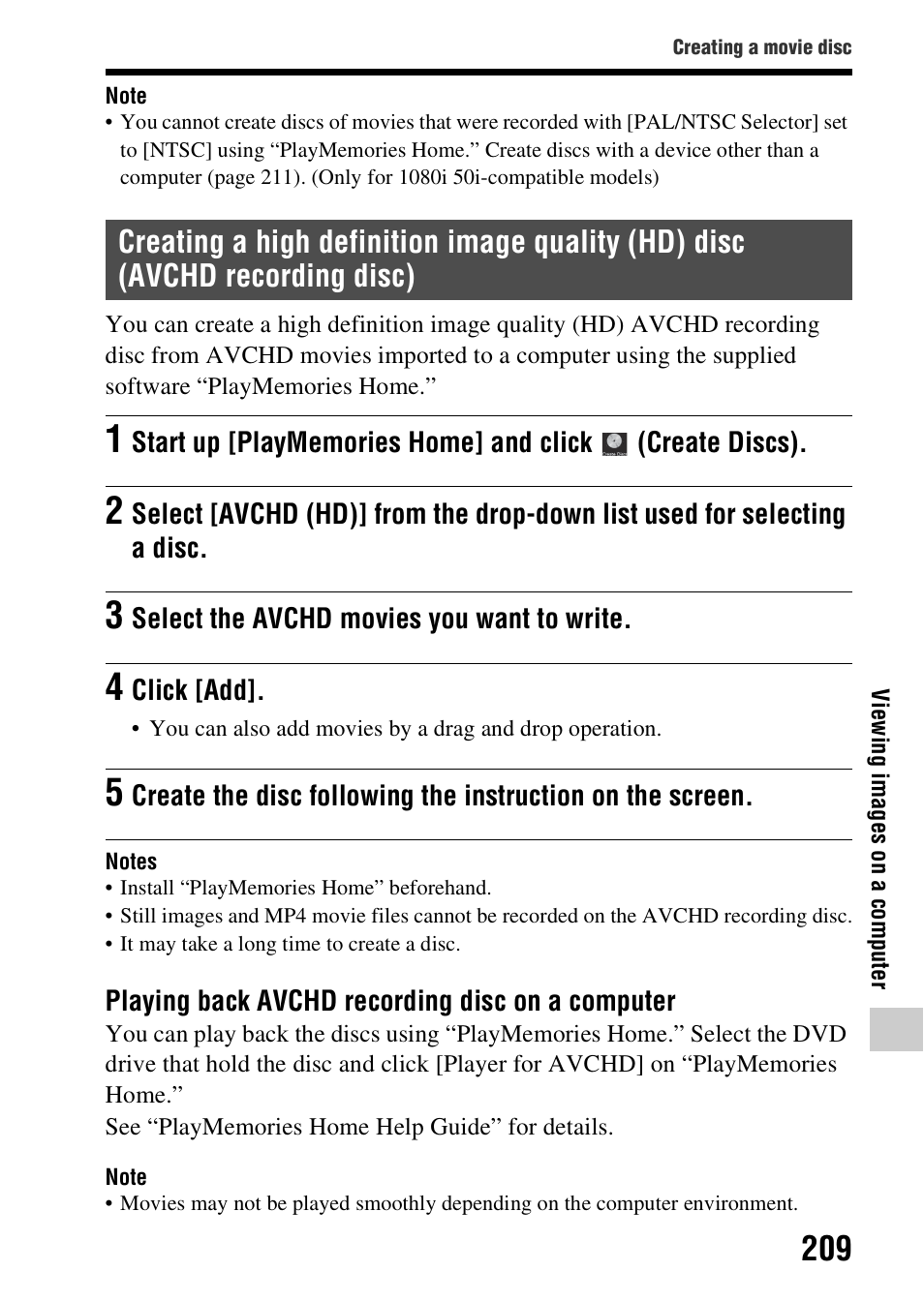 Creating a high definition image quality (hd) disc, Avchd recording disc) | Sony SLT-A99V User Manual | Page 209 / 245