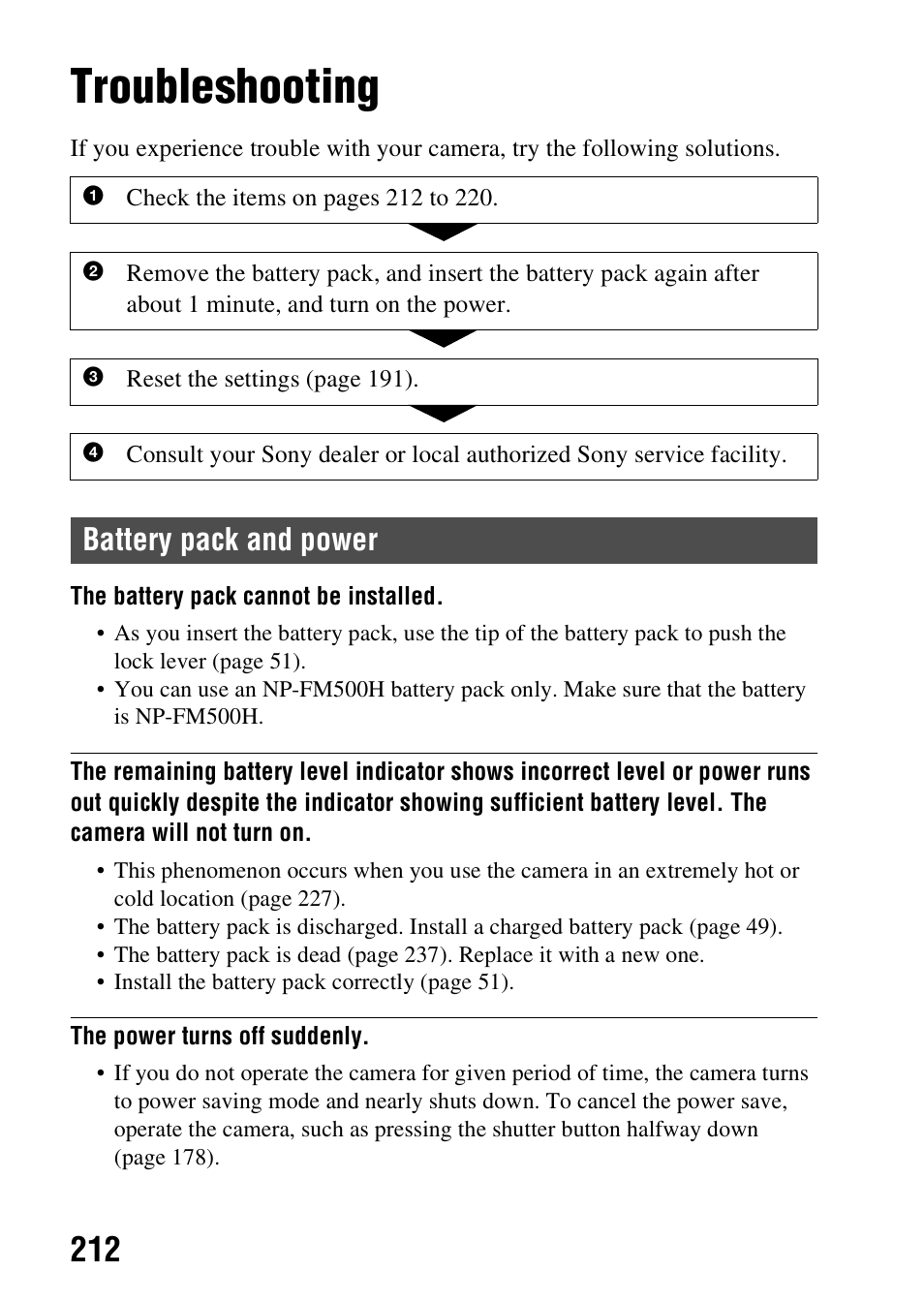 Troubleshooting/others, Troubleshooting, Battery pack and power | Sony SLT-A99V User Manual | Page 212 / 245