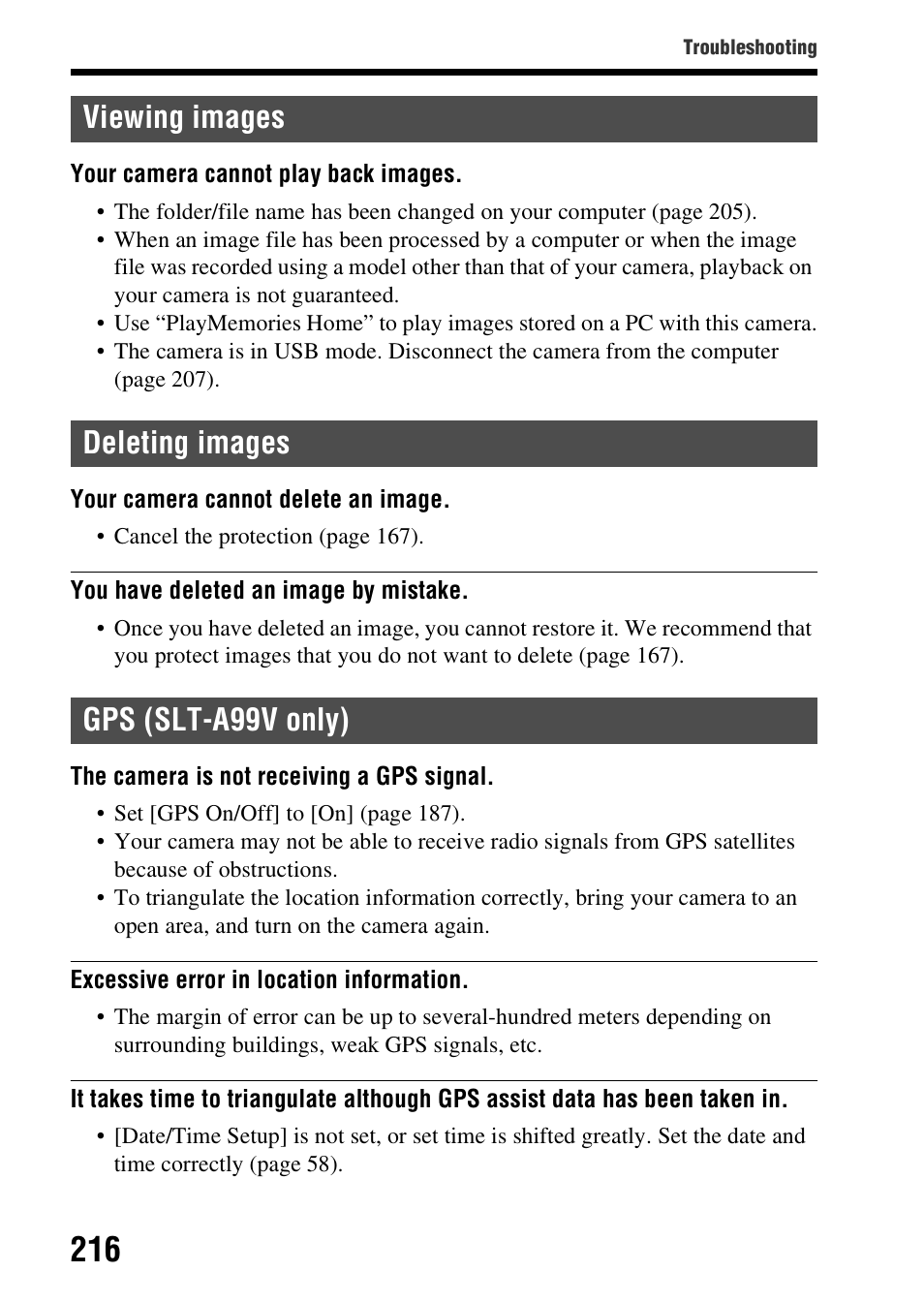 Viewing images deleting images gps (slt-a99v only) | Sony SLT-A99V User Manual | Page 216 / 245