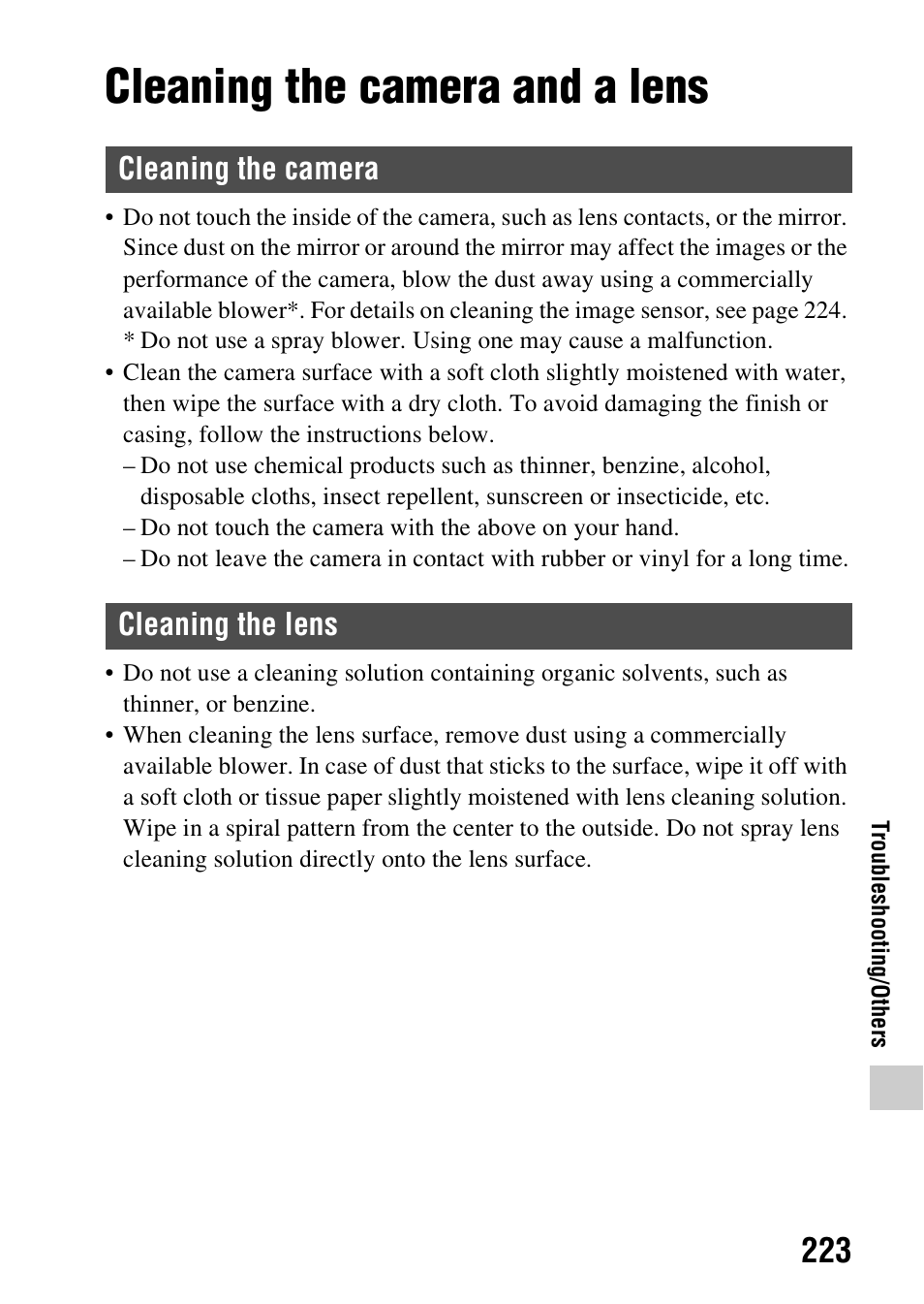 Cleaning the camera and a lens, Cleaning the camera cleaning the lens | Sony SLT-A99V User Manual | Page 223 / 245