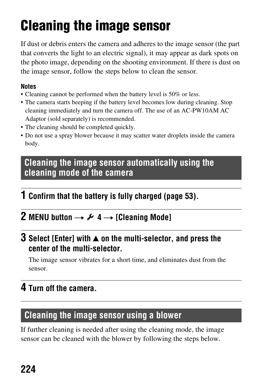 Cleaning the image sensor | Sony SLT-A99V User Manual | Page 224 / 245