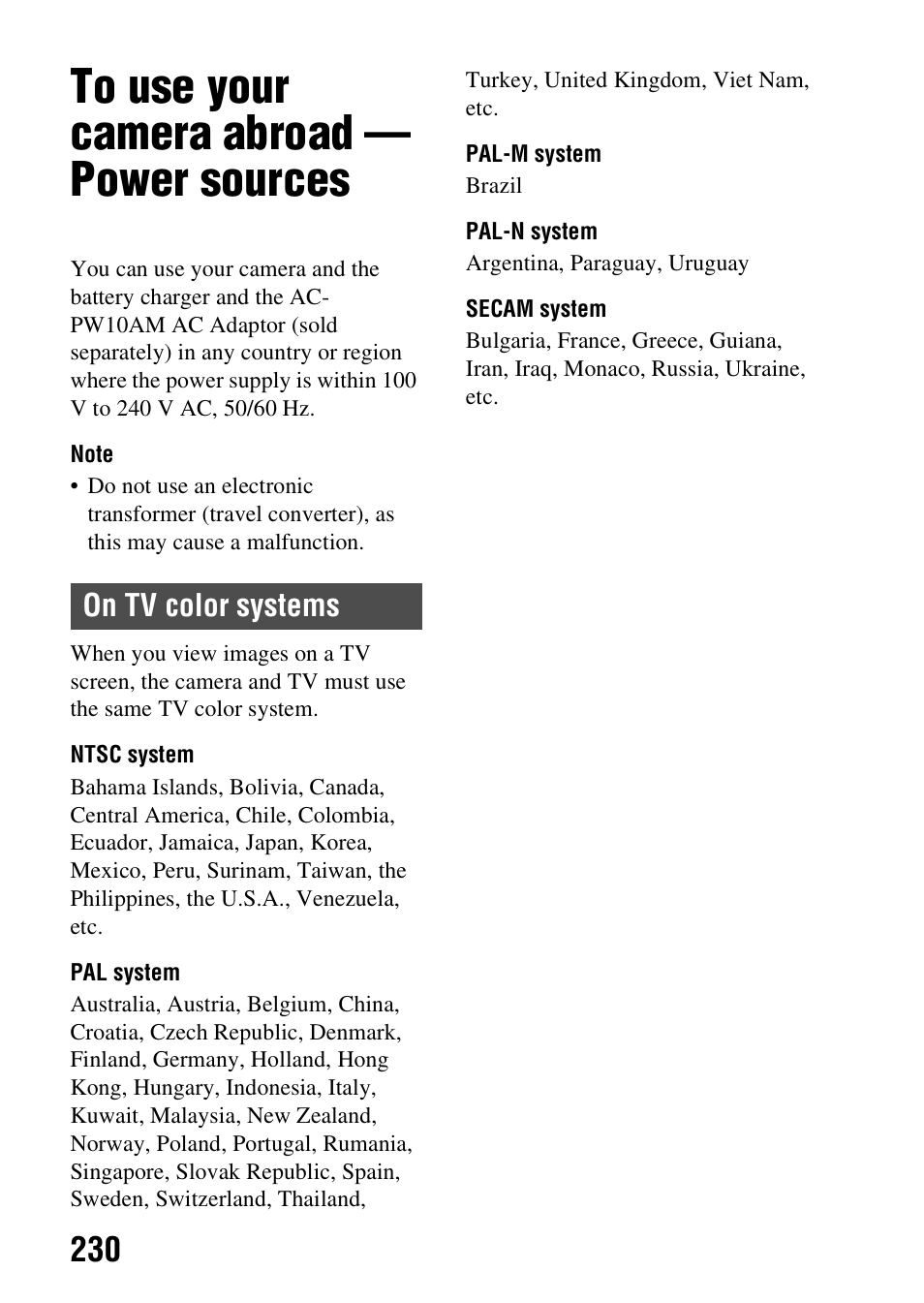 To use your camera abroad - power sources, To use your camera abroad — power sources, On tv color systems | Sony SLT-A99V User Manual | Page 230 / 245