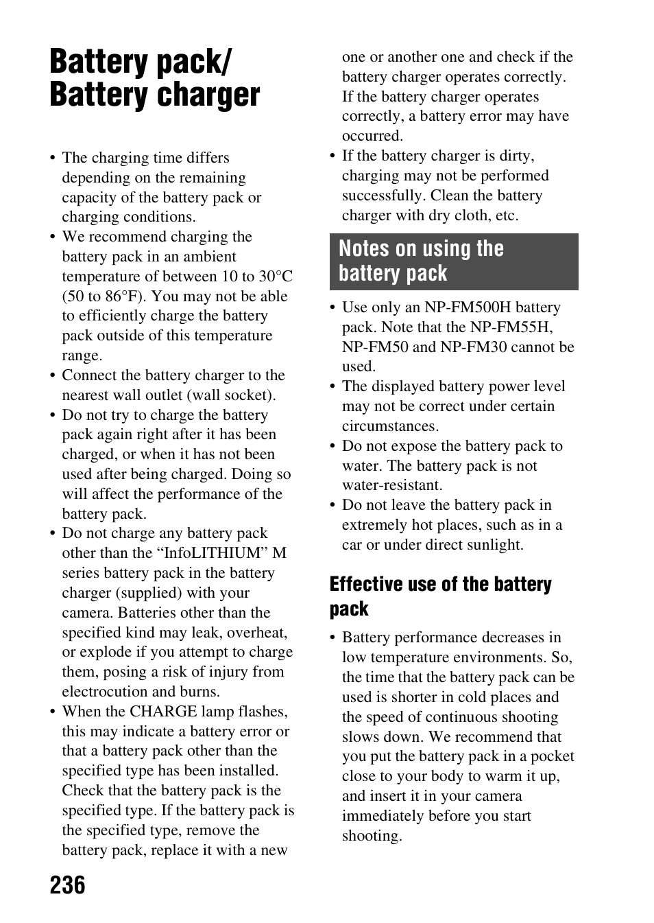Battery pack/ battery charger, Battery pack/battery charger | Sony SLT-A99V User Manual | Page 236 / 245