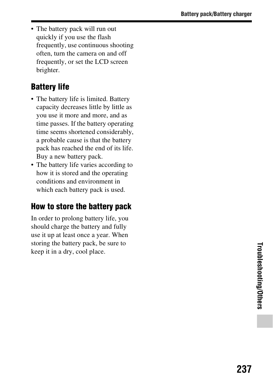 Battery life, How to store the battery pack | Sony SLT-A99V User Manual | Page 237 / 245