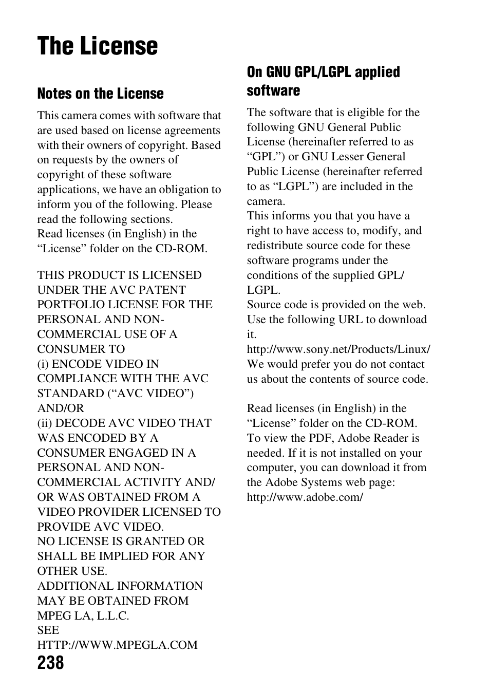 The license | Sony SLT-A99V User Manual | Page 238 / 245
