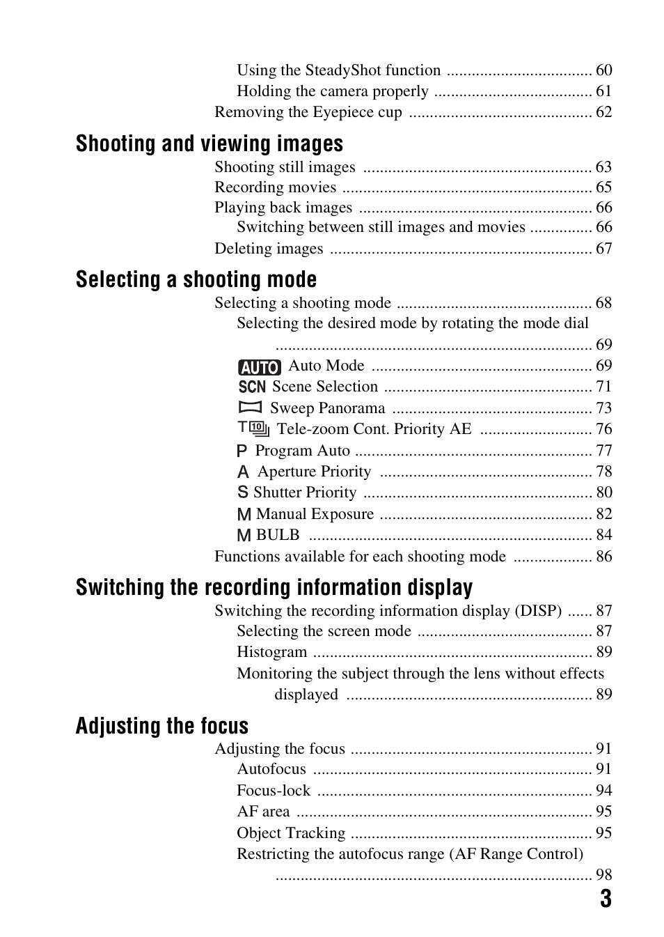 Shooting and viewing images, Selecting a shooting mode, Switching the recording information display | Adjusting the focus | Sony SLT-A99V User Manual | Page 3 / 245