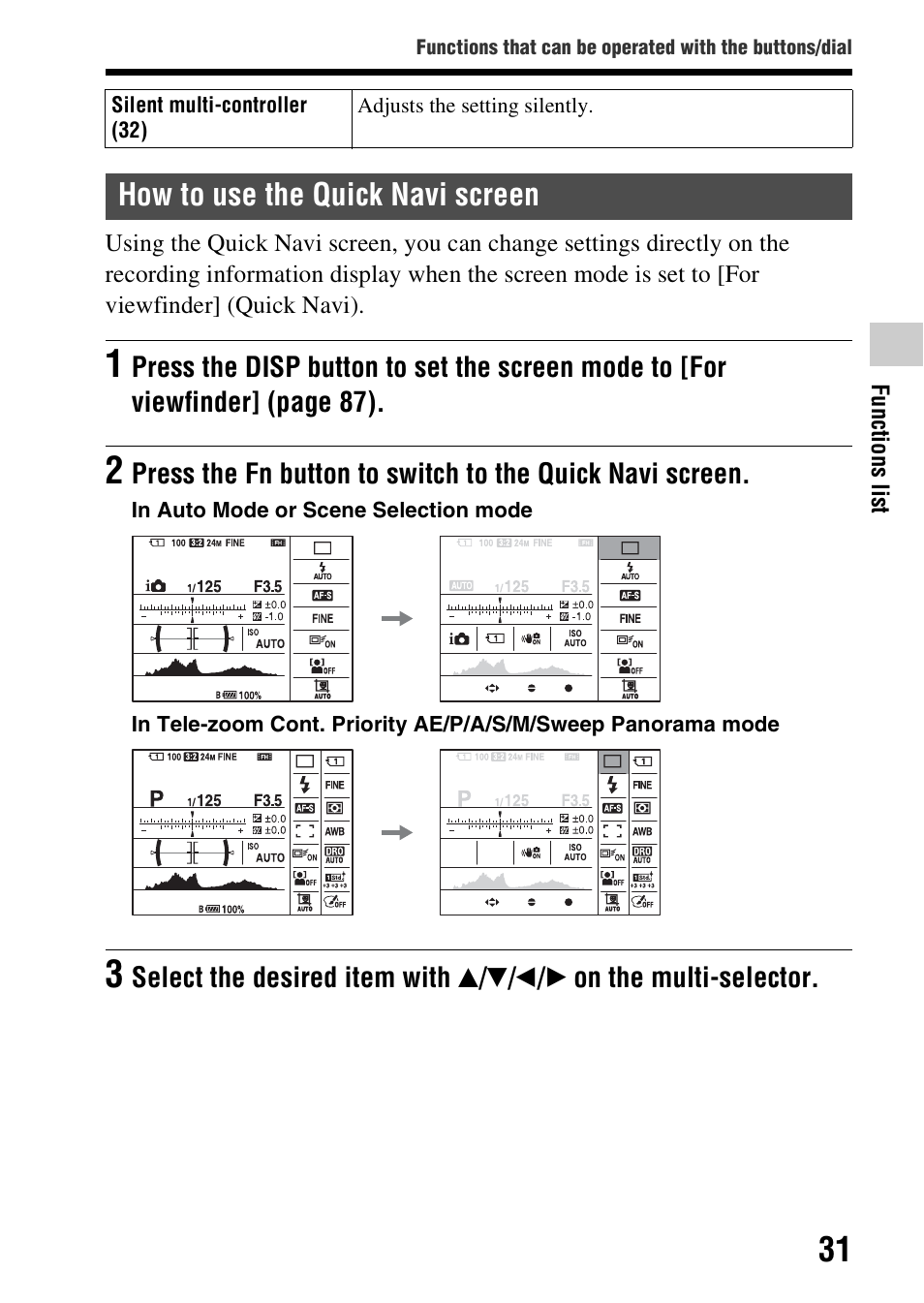 How to use the quick navi screen, On (31 | Sony SLT-A99V User Manual | Page 31 / 245