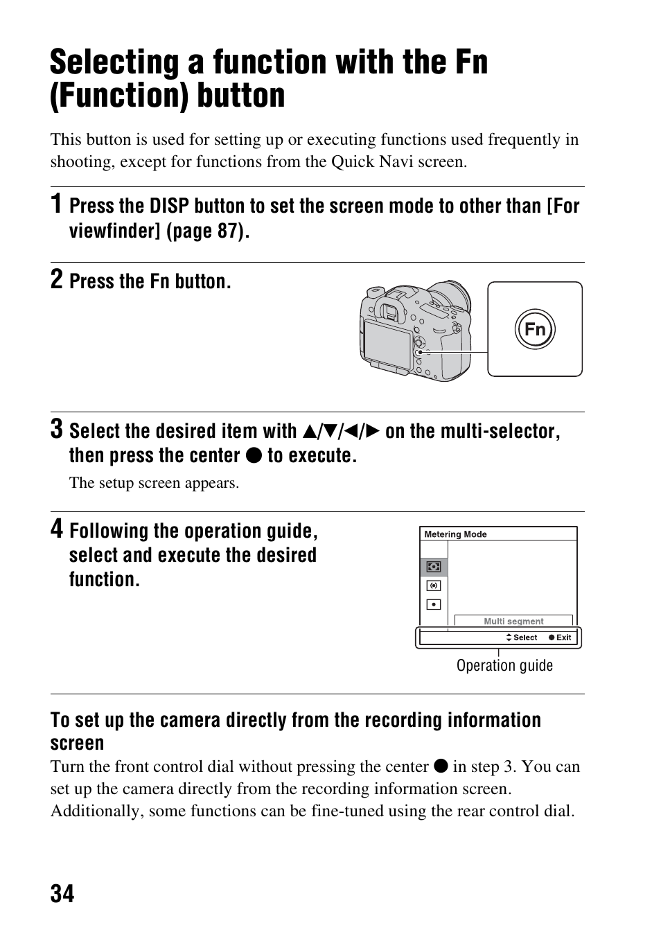 Selecting a function with the fn (function) button, N (34 | Sony SLT-A99V User Manual | Page 34 / 245