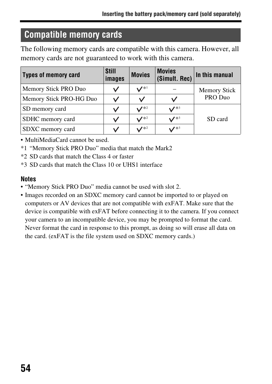 Compatible memory cards | Sony SLT-A99V User Manual | Page 54 / 245