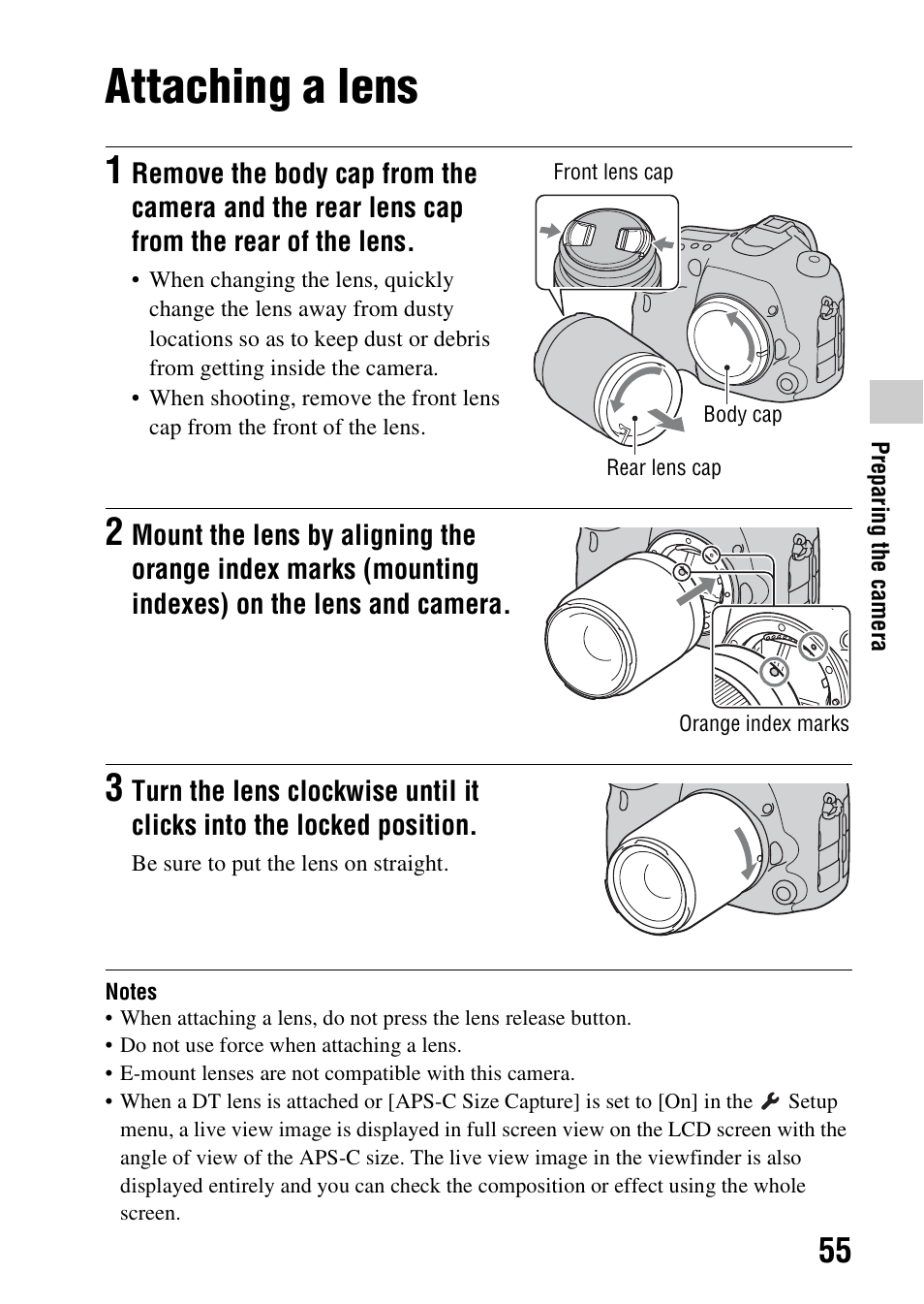 Attaching a lens | Sony SLT-A99V User Manual | Page 55 / 245