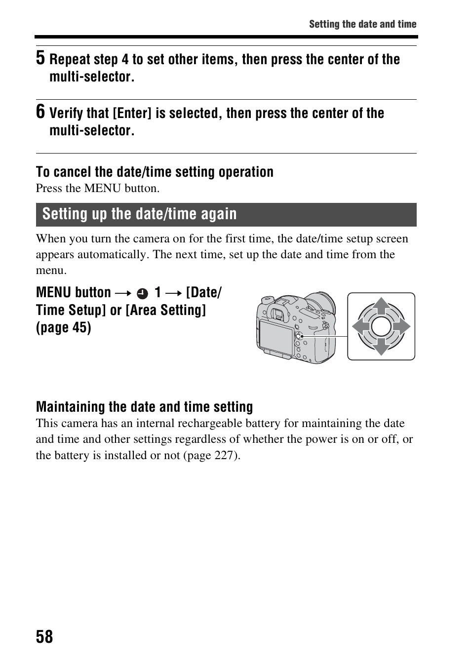 Setting up the date/time again, Ng (58) | Sony SLT-A99V User Manual | Page 58 / 245