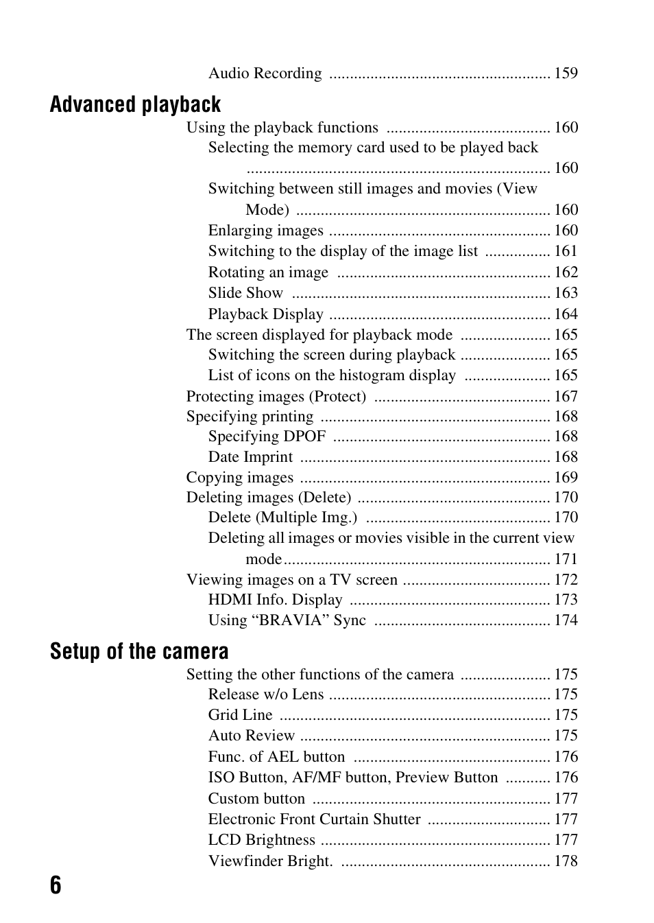 Advanced playback, Setup of the camera | Sony SLT-A99V User Manual | Page 6 / 245