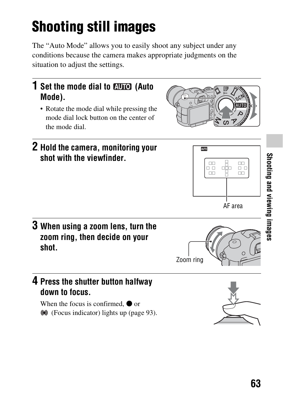 Shooting and viewing images, Shooting still images | Sony SLT-A99V User Manual | Page 63 / 245