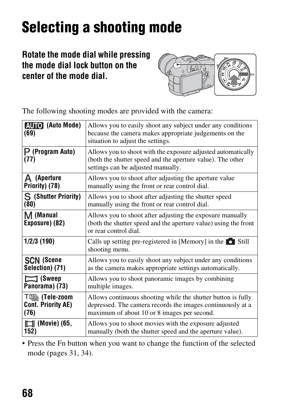 Selecting a shooting mode, Ode dial (68) | Sony SLT-A99V User Manual | Page 68 / 245