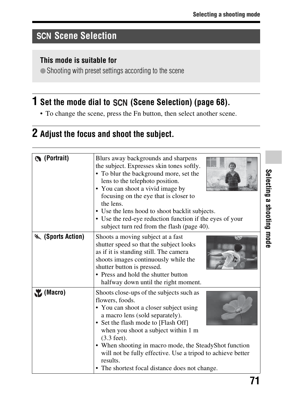 Scene selection, Lection (71), N) (71) | Set the mode dial to (scene selection) (page 68), Adjust the focus and shoot the subject | Sony SLT-A99V User Manual | Page 71 / 245