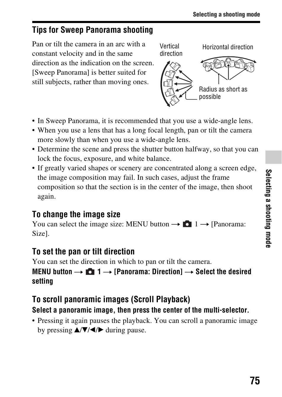 Tips for sweep panorama shooting | Sony SLT-A99V User Manual | Page 75 / 245