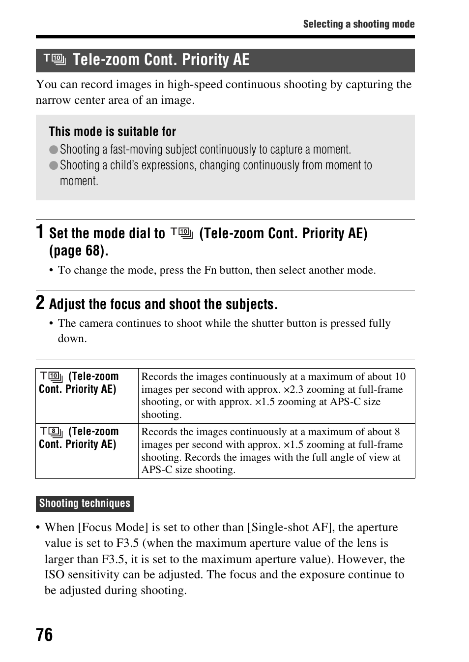 Tele-zoom cont. priority ae | Sony SLT-A99V User Manual | Page 76 / 245