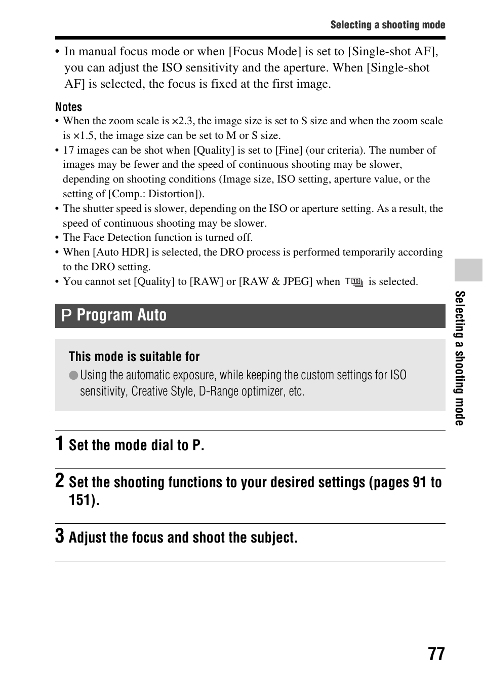 Program auto | Sony SLT-A99V User Manual | Page 77 / 245