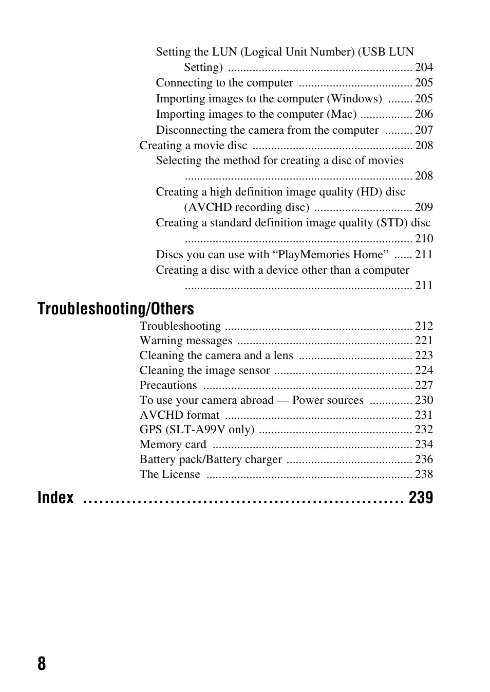 Troubleshooting/others, Index | Sony SLT-A99V User Manual | Page 8 / 245