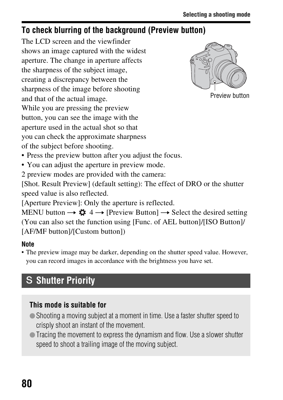 Shutter priority, D (80), Speed (80) | Sony SLT-A99V User Manual | Page 80 / 245