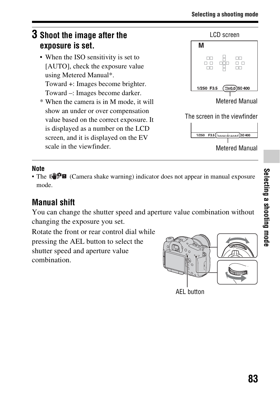 Manual shift, Shoot the image after the exposure is set | Sony SLT-A99V User Manual | Page 83 / 245