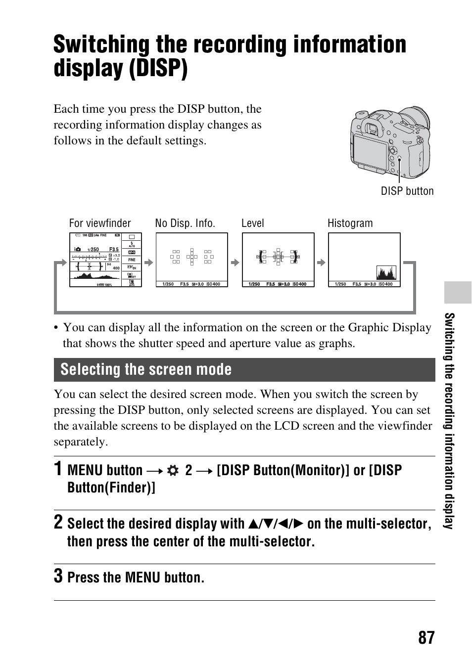 Switching the recording information display, Switching the recording information display (disp), Selecting the screen mode | N (87), N (87 | Sony SLT-A99V User Manual | Page 87 / 245