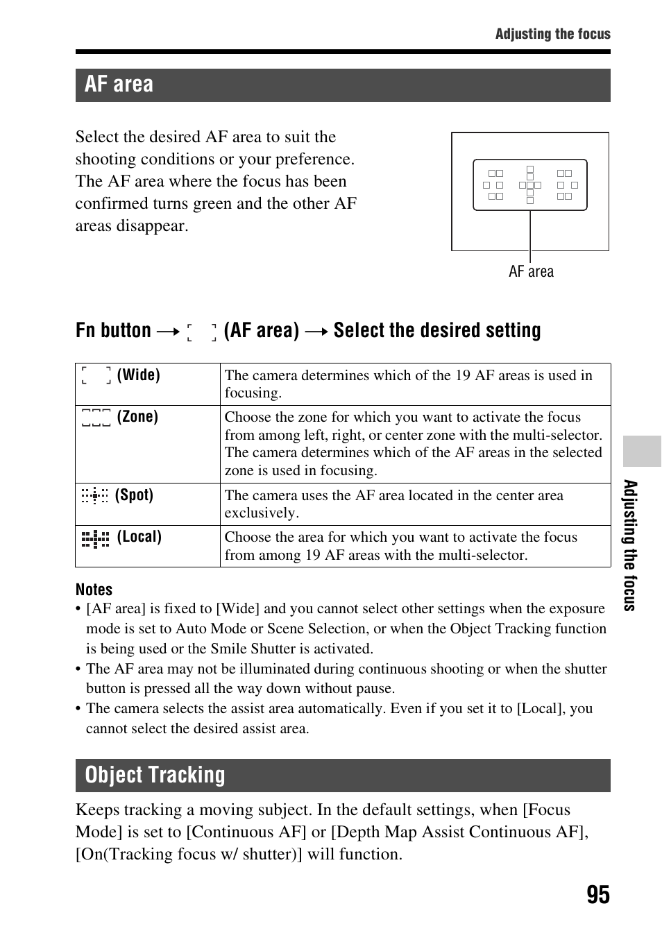 Af area, Object tracking, Af area object tracking | Ea (95), Acking (95), Fn button t (af area) t select the desired setting | Sony SLT-A99V User Manual | Page 95 / 245