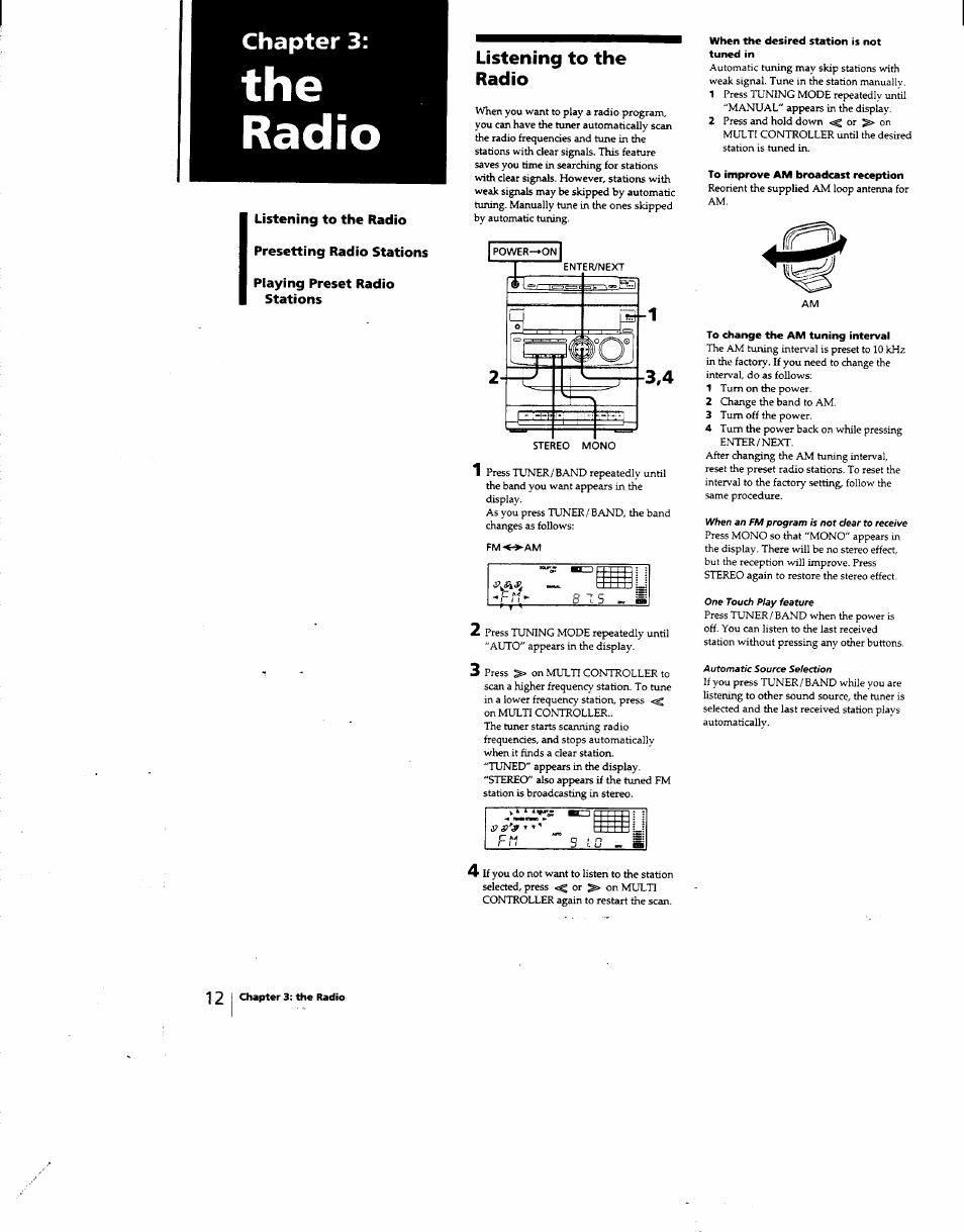 Listening to the radio, When the desired station is not tuned in, To improve am broadcast reception | To change the am tuning interval, The radio, Chapter 3 | Sony MHC-331 User Manual | Page 12 / 28