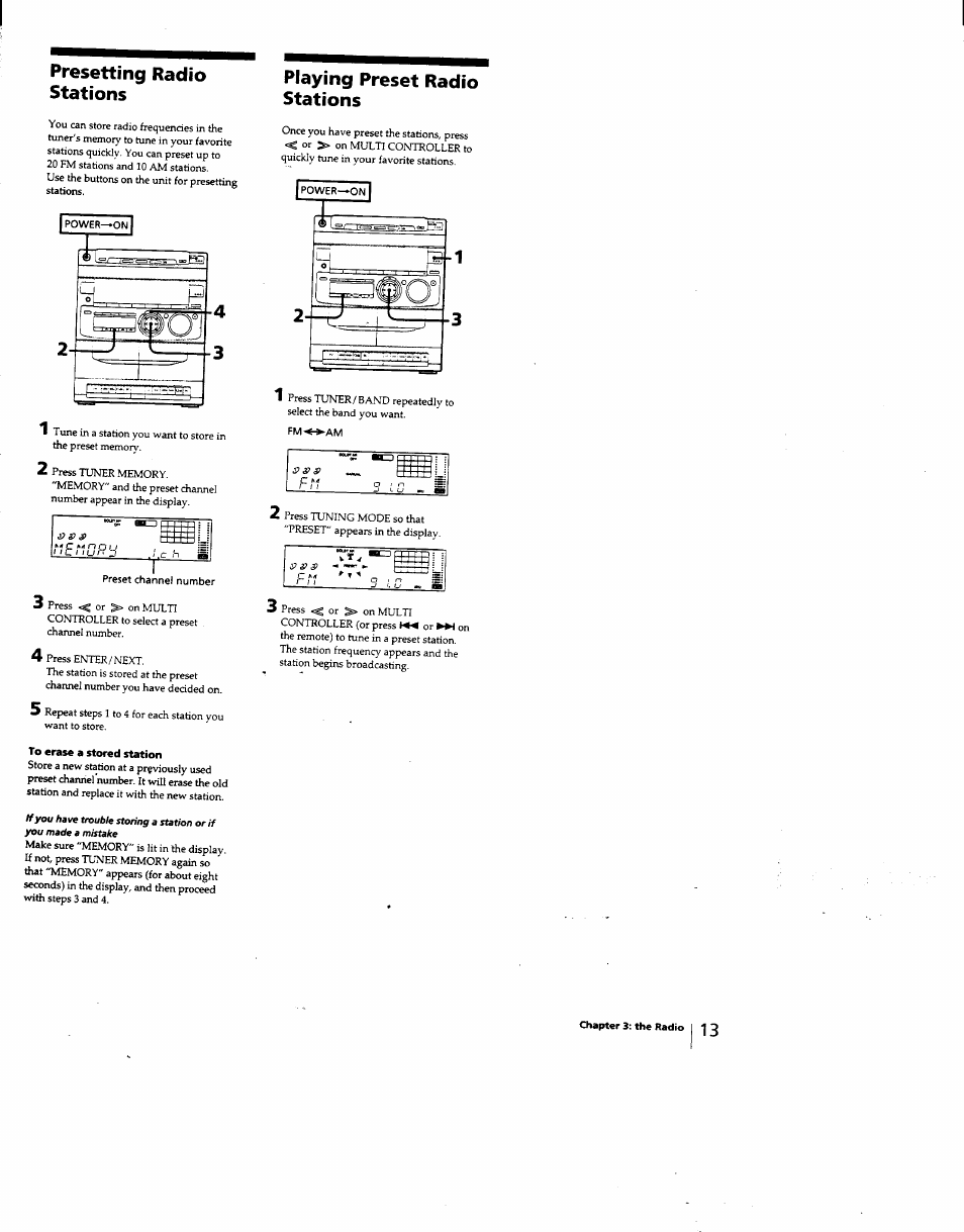 Presetting radio stations, Playing preset radio stations | Sony MHC-331 User Manual | Page 13 / 28