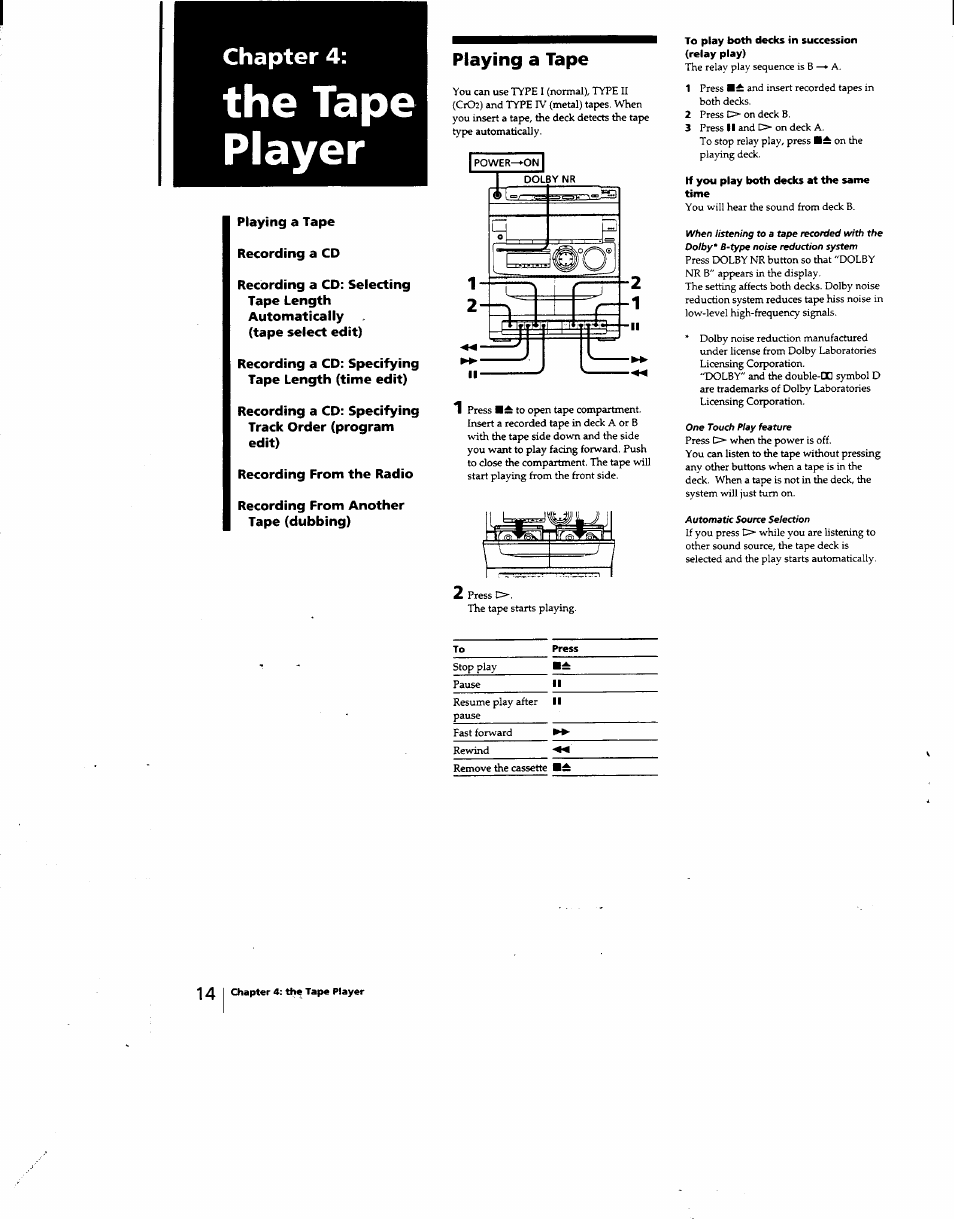 The tape player, Playing a tape, Chapter 4 | Sony MHC-331 User Manual | Page 14 / 28