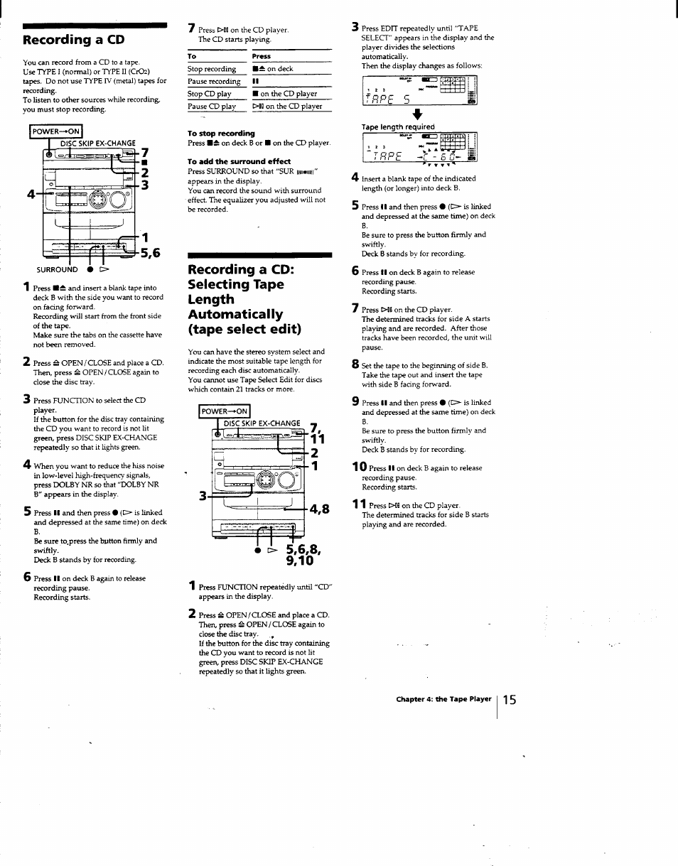 Recording a cd, To stop recording, To add the surround effect | Recording a cd: selecting tape length, Automatically (tape select edit) | Sony MHC-331 User Manual | Page 15 / 28