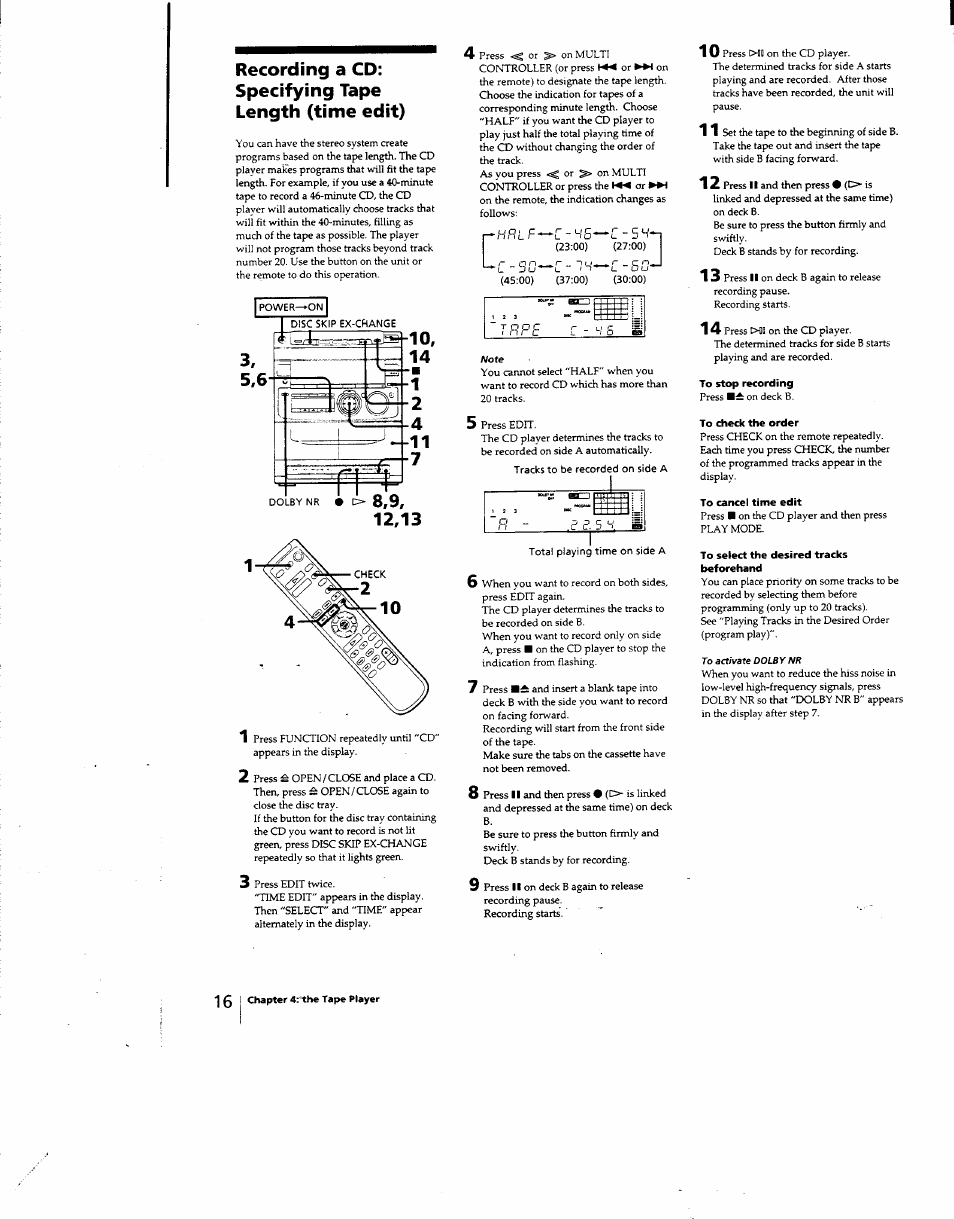 Recording a cd: specifying tape length (time edit), A/ofe, To stop recording | To check the order, To cancel time edit, To select the desired tracks beforehand | Sony MHC-331 User Manual | Page 16 / 28