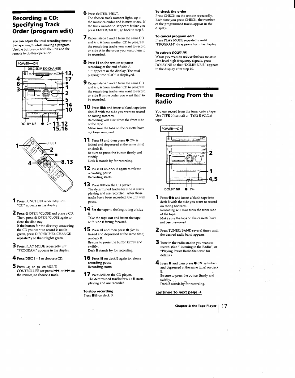 To stop recording, To check the order, To cancel program edit | Recording from the radio | Sony MHC-331 User Manual | Page 17 / 28