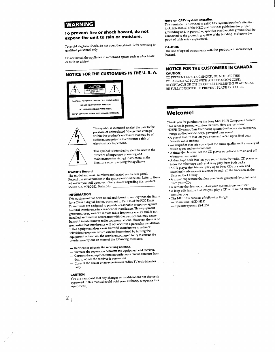 Note on catv system installer, Caution, Owner's record | Information, Notice for the customers in the u. s. a, Notice for the customers in canada, Welcome | Sony MHC-331 User Manual | Page 2 / 28