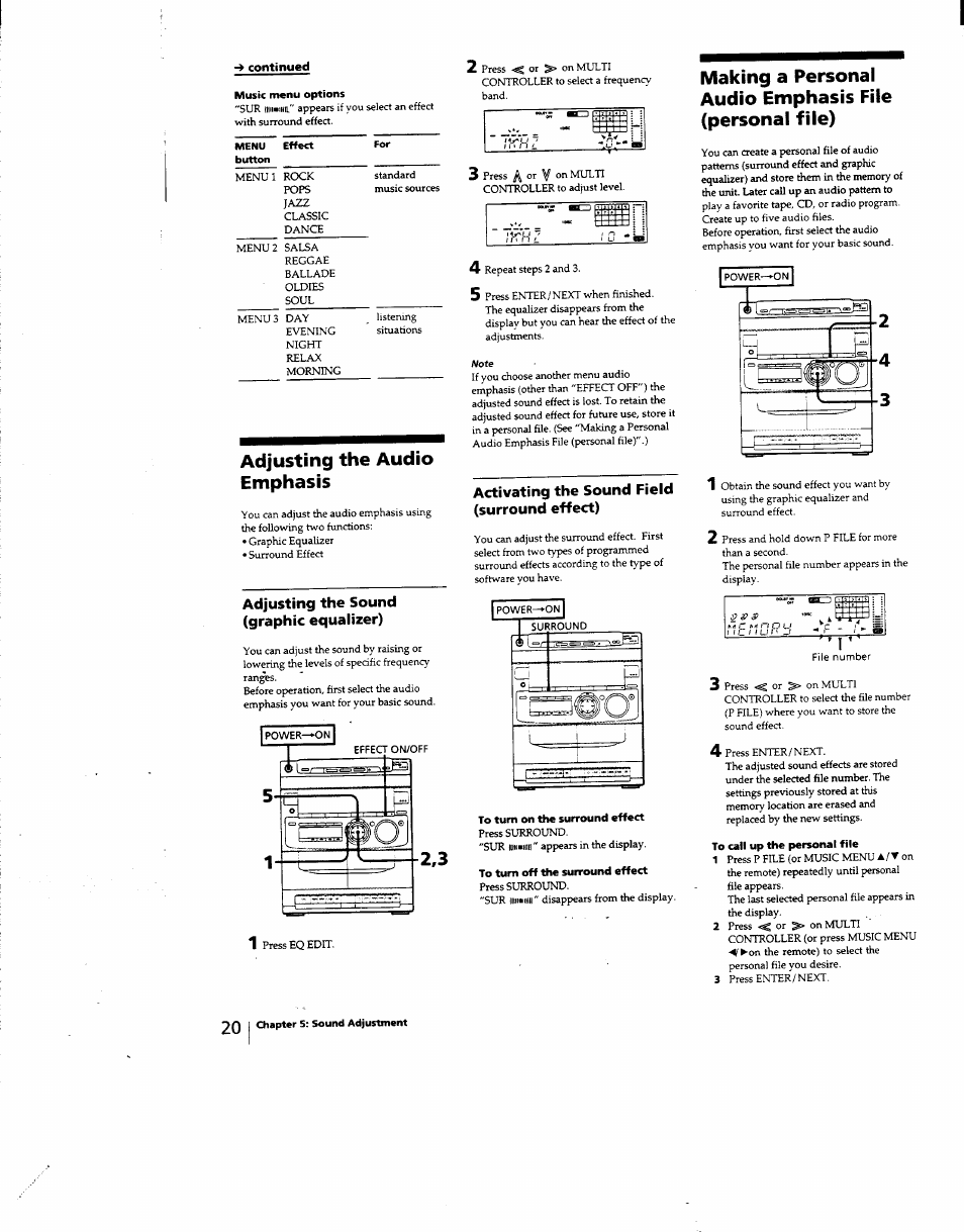 Music menu options, Adjusting the audio emphasis, To turn on the surround effect | To turn off the surround effect, To call up the personal file | Sony MHC-331 User Manual | Page 20 / 28