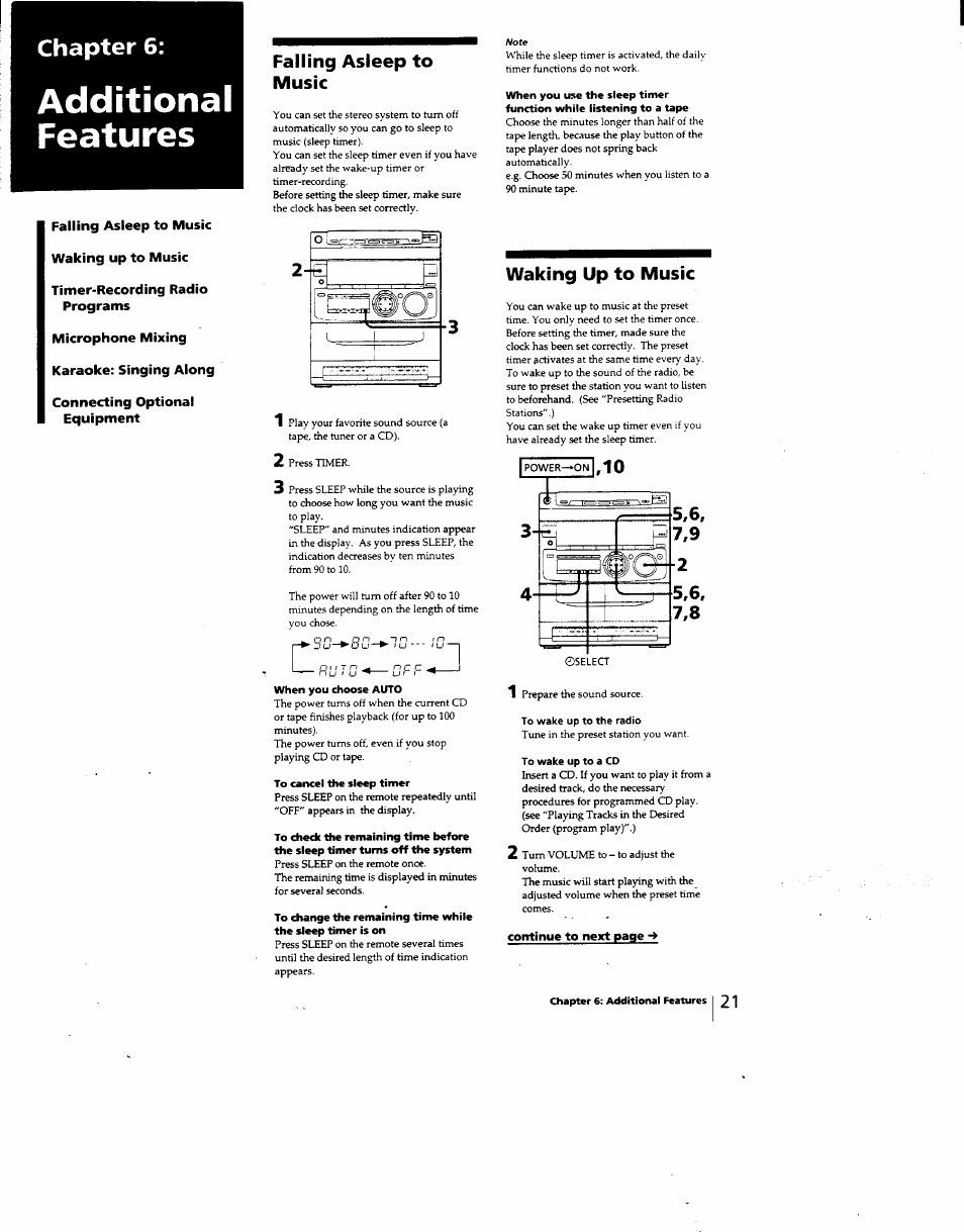 Additional, Features, Falling asleep to music | When you choose auto, To cancel the sleep timer, Waking up to music, Chapter 6 | Sony MHC-331 User Manual | Page 21 / 28