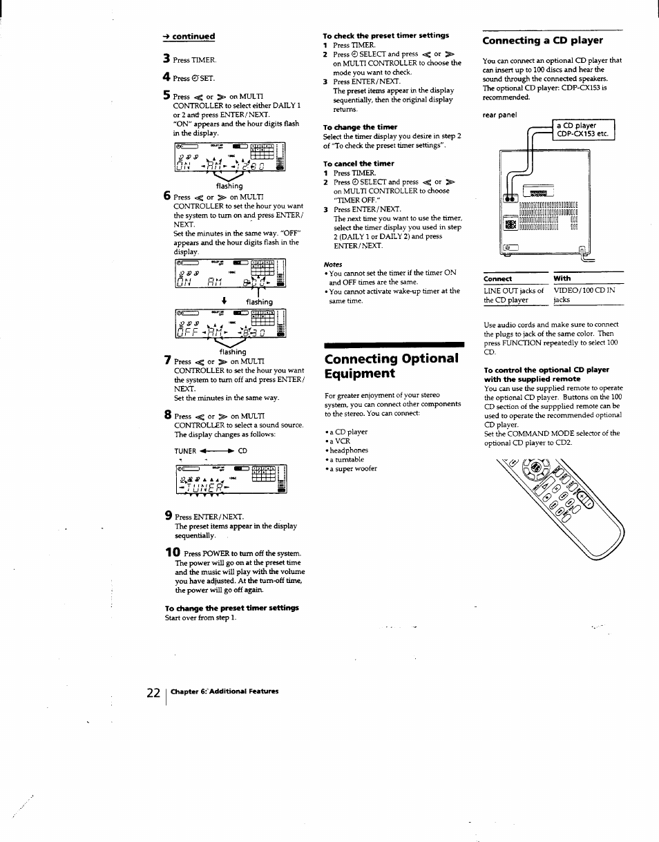 To change the preset timer settings, To check the preset timer settings, To change the timer | To cancel the timer, Connecting optional equipment | Sony MHC-331 User Manual | Page 22 / 28