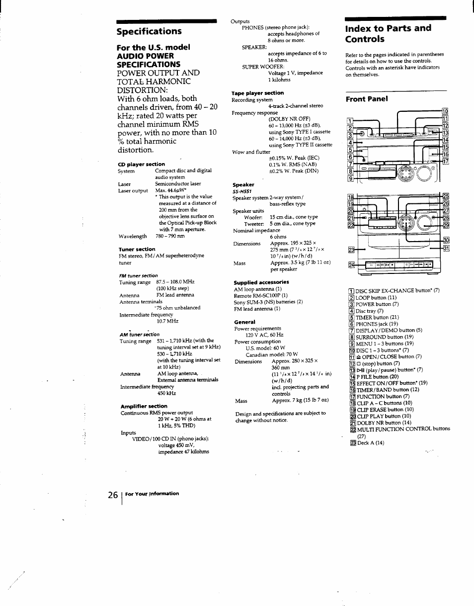 Specifications, Cd player section, Tuner section | Tape player section, Speaker, Supplied accessories, General, Index to parts and controls, For the u.s. model audio power specifications, Front panel | Sony MHC-331 User Manual | Page 26 / 28