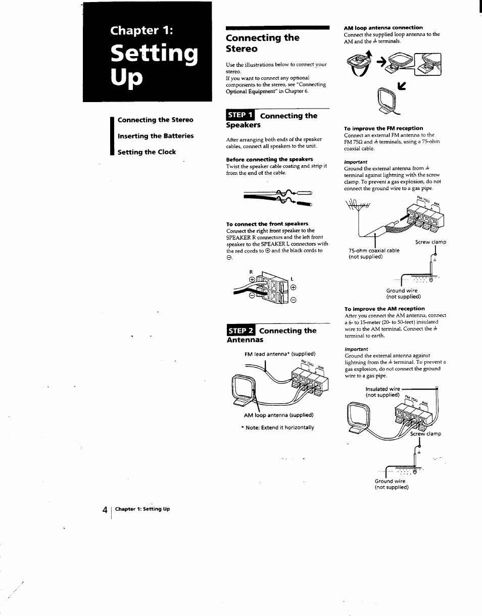 Chapter 1, Setting, Connecting the stereo | Before connecting the speakers, To connect the front speakers, Am loop antenna connection, To improve the fm reception, To improve the am reception, Setting up | Sony MHC-331 User Manual | Page 4 / 28