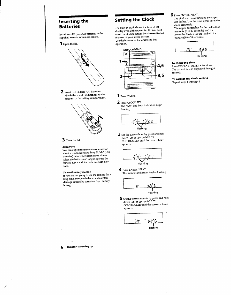 Inserting the batteries, Setting the clock | Sony MHC-331 User Manual | Page 6 / 28