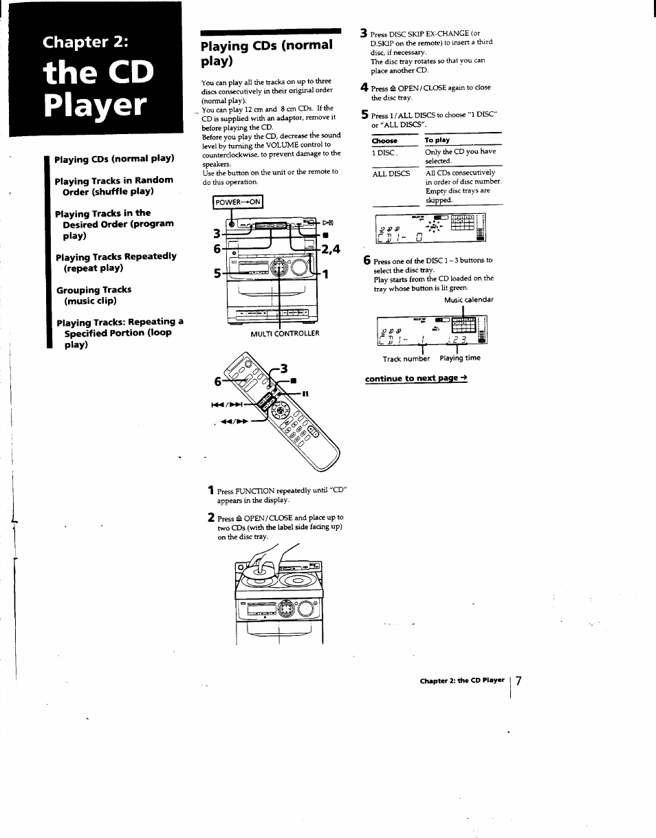 The cd player, Playing cds (normal play), Chapter 2 | Sony MHC-331 User Manual | Page 7 / 28