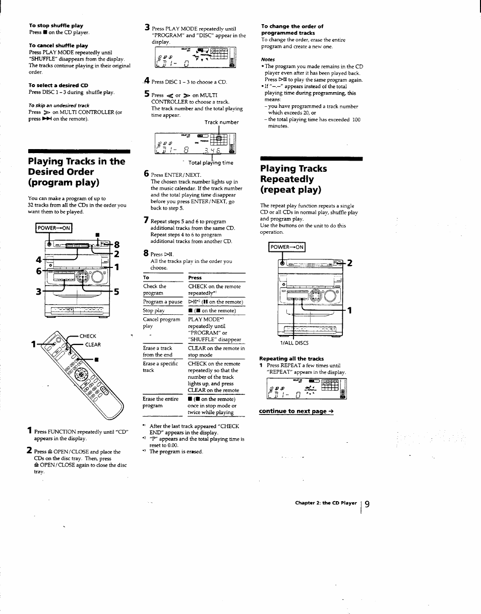 To stop shuffle play, To cancel shuffle play, To select a desired cd | To change the order of programmed tracks, Repeating alt the tracks, Playing tracks in the desired order (program play), Playing tracks repeatedly (repeat play) | Sony MHC-331 User Manual | Page 9 / 28