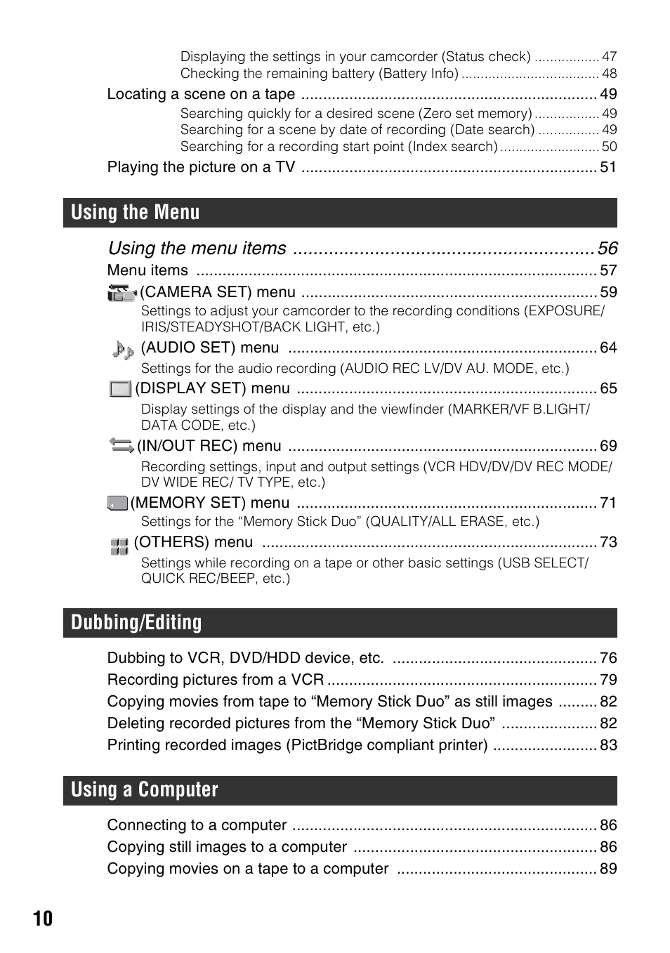 Using the menu dubbing/editing using a computer, Using the menu items | Sony HDR-FX7 User Manual | Page 10 / 131