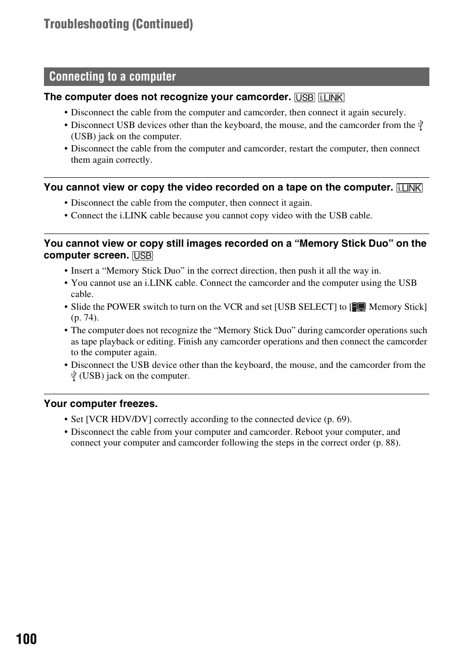 P. 100, Troubleshooting (continued), Connecting to a computer | Sony HDR-FX7 User Manual | Page 100 / 131